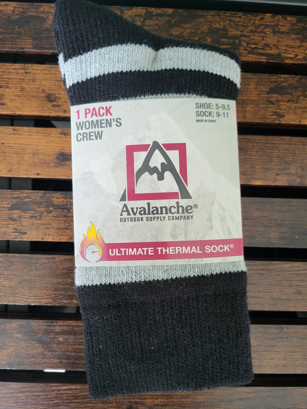 Avalanche Women's Crew Thermal Socks in Black and White Stripe -Shoe Size 5-9.5